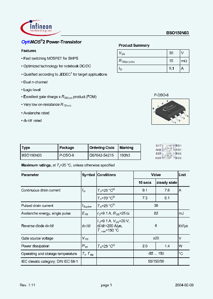 BSO150N03_161648.PDF Datasheet Download --- IC-ON-LINE
