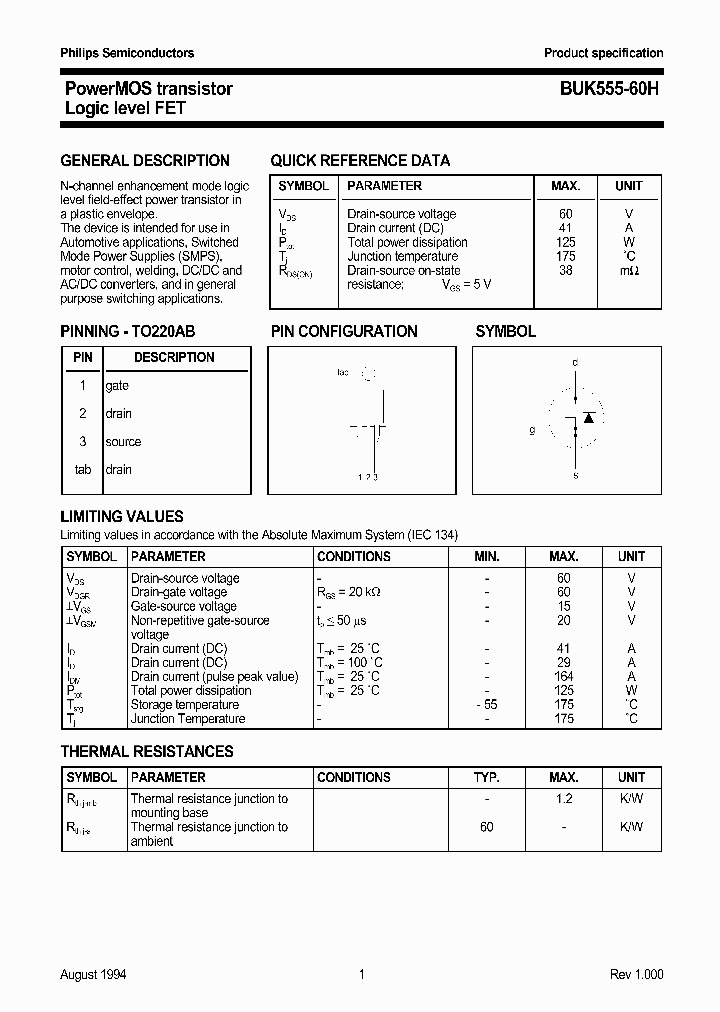 BUK555-60A Datasheet (PowerMOS transistor Logic level FET