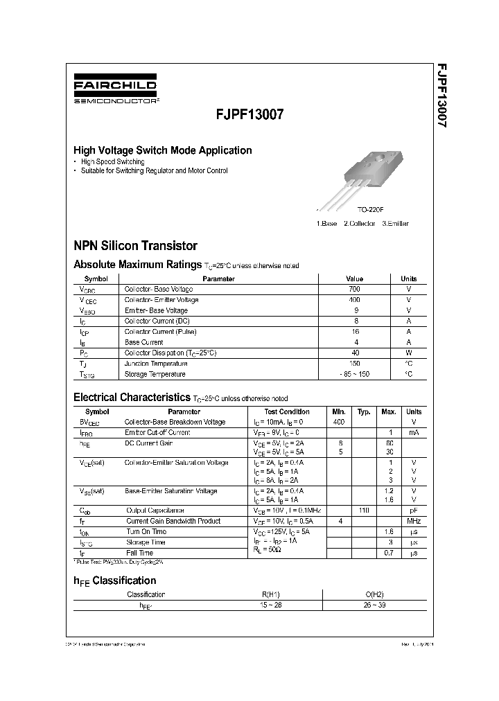 FJPF13007_163504.PDF Datasheet Download
