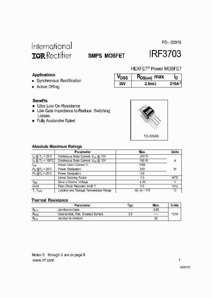 IRF3703_5850.PDF Datasheet Download --- IC-ON-LINE