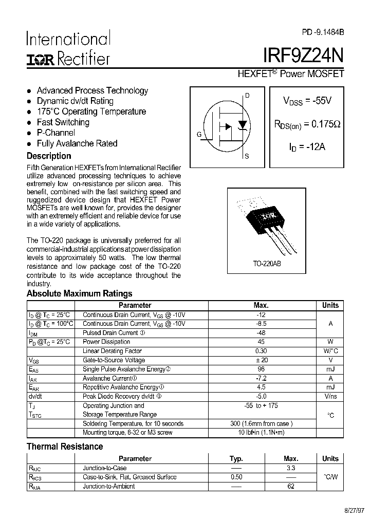 IRF9Z24N_5956.PDF Datasheet Download --- IC-ON-LINE