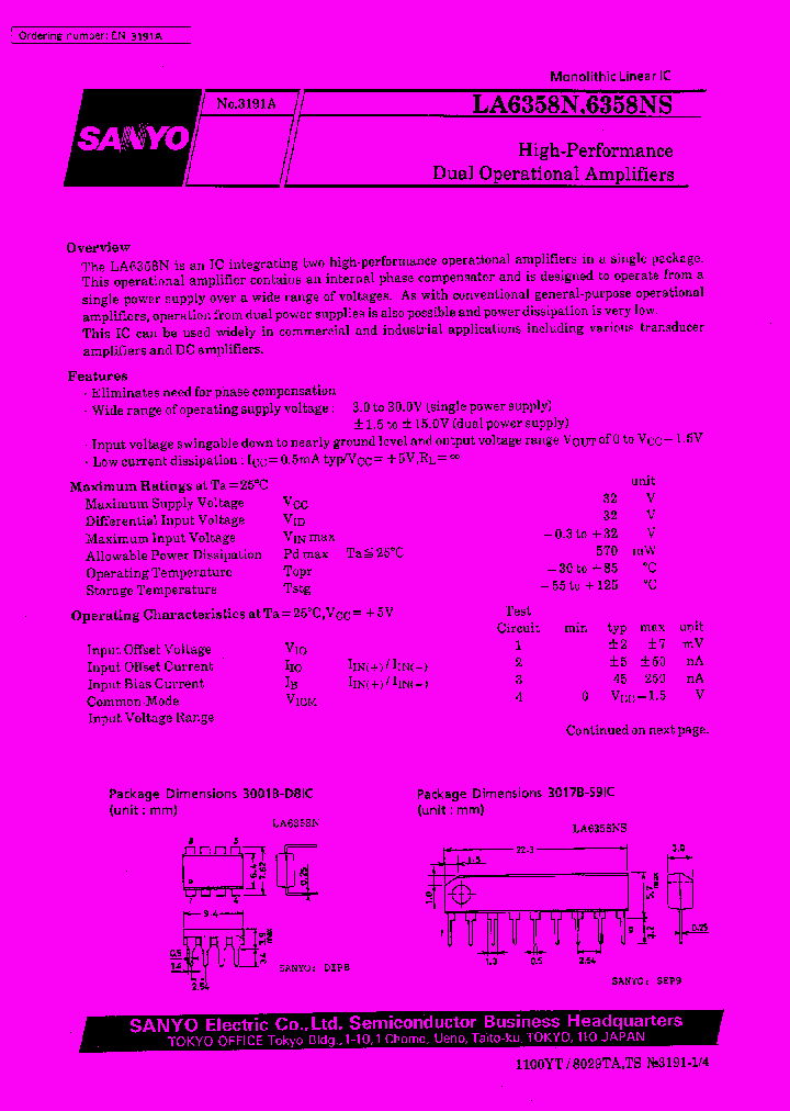LA6358NM 三洋ジュアル オペアンプ IC　6358N　 ３０個 LA6358_85073.PDF Datasheet Download --- IC-ON-LINE