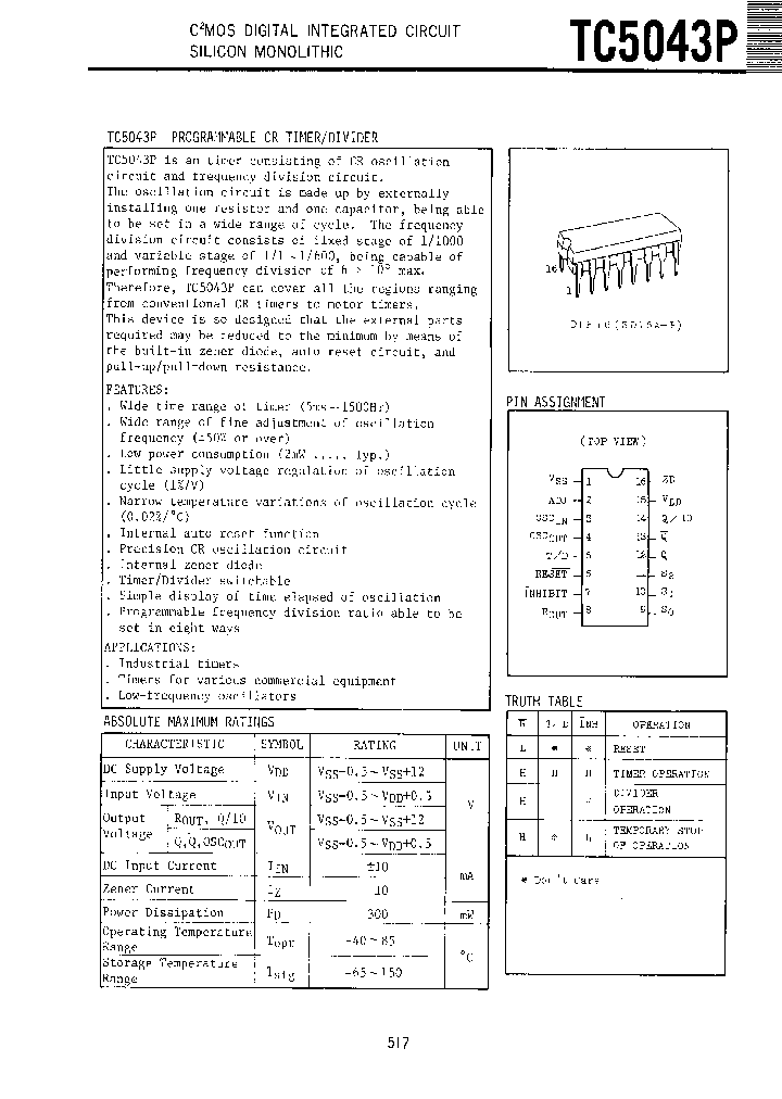 TC5043P　東芝　CRTimer　10個 TC5043P_174369.PDF Datasheet Download --- IC-ON-LINE