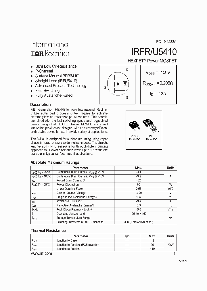 IRFR5410_191999.PDF Datasheet