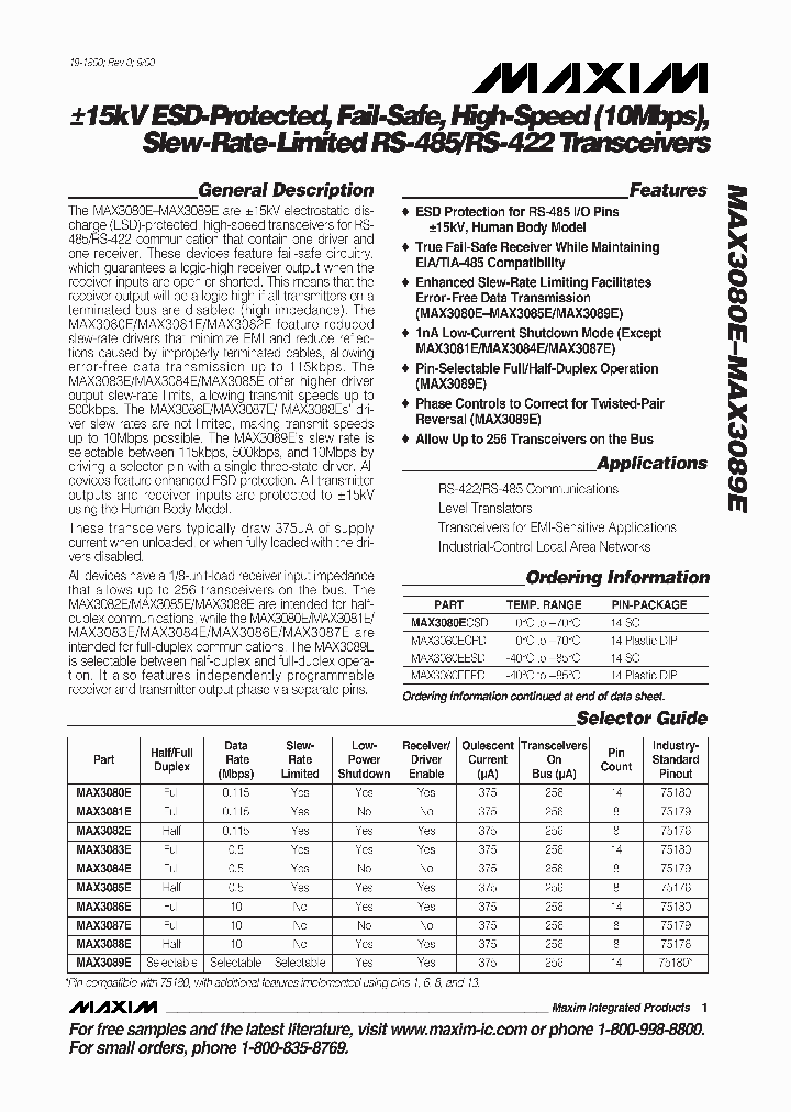 MAX3088E_265893.PDF Datasheet Download --- IC-ON-LINE