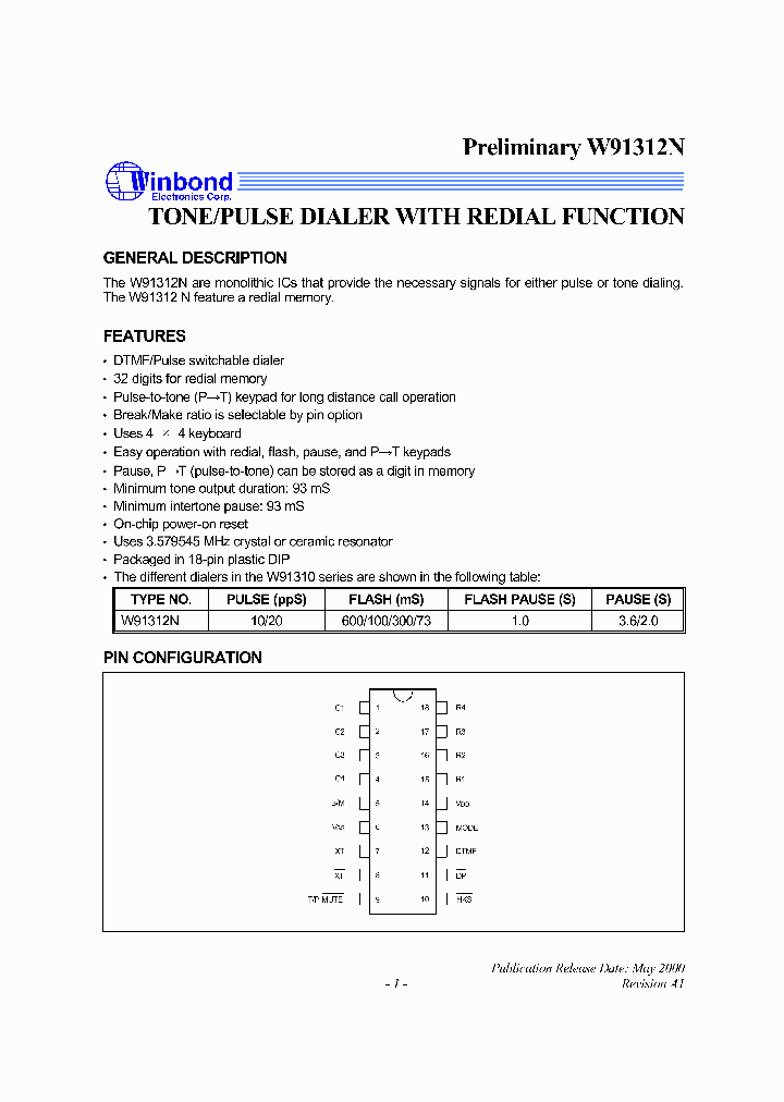 W91312N_213603.PDF Datasheet Download --- IC-ON-LINE