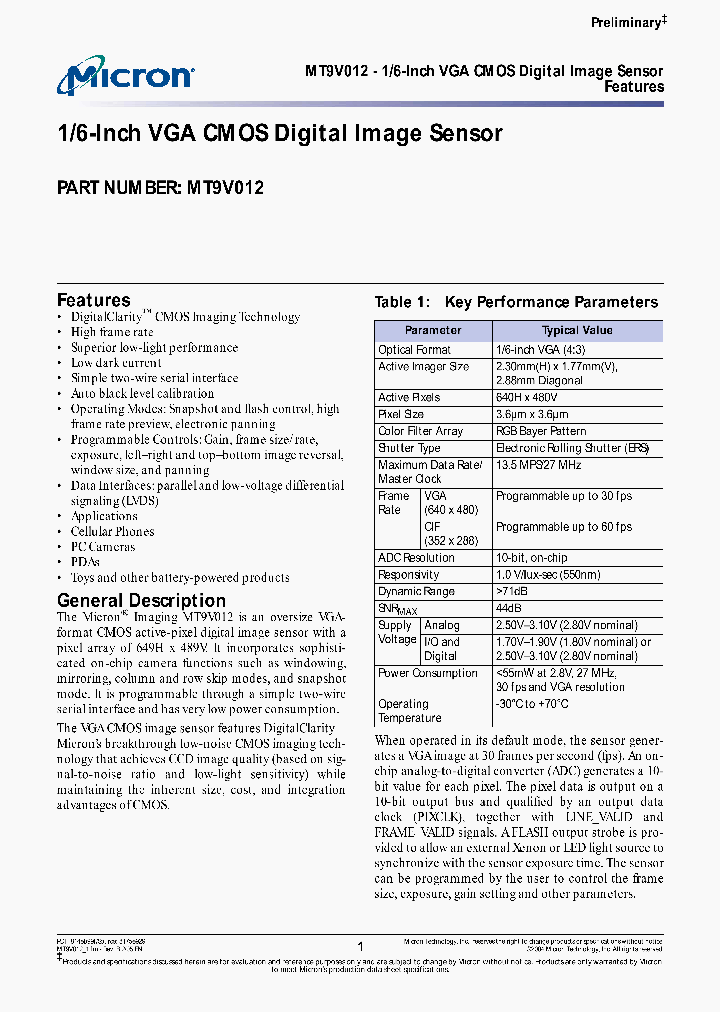 MT9V012_270603.PDF Datasheet