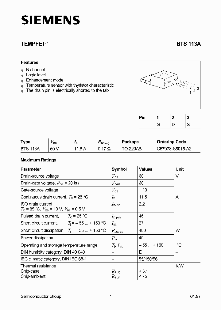 BTS113_237123.PDF Datasheet Download --- IC-ON-LINE
