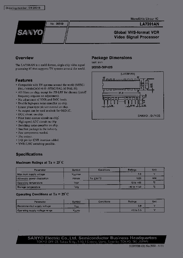 Composant électronique LA7391 - Processeur De Signal Vidéo Pour Magnétoscope VHS (neuf)