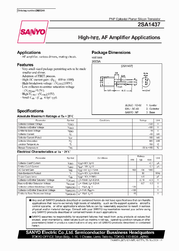 2SA1437_327936.PDF Datasheet Download --- IC-ON-LINE
