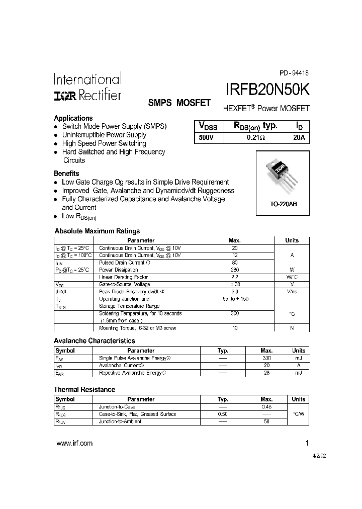 IRFB20N50K_322077.PDF Datasheet Download --- IC-ON-LINE