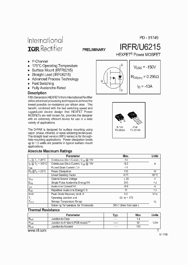 IRFRU6215_61157.PDF Datasheet