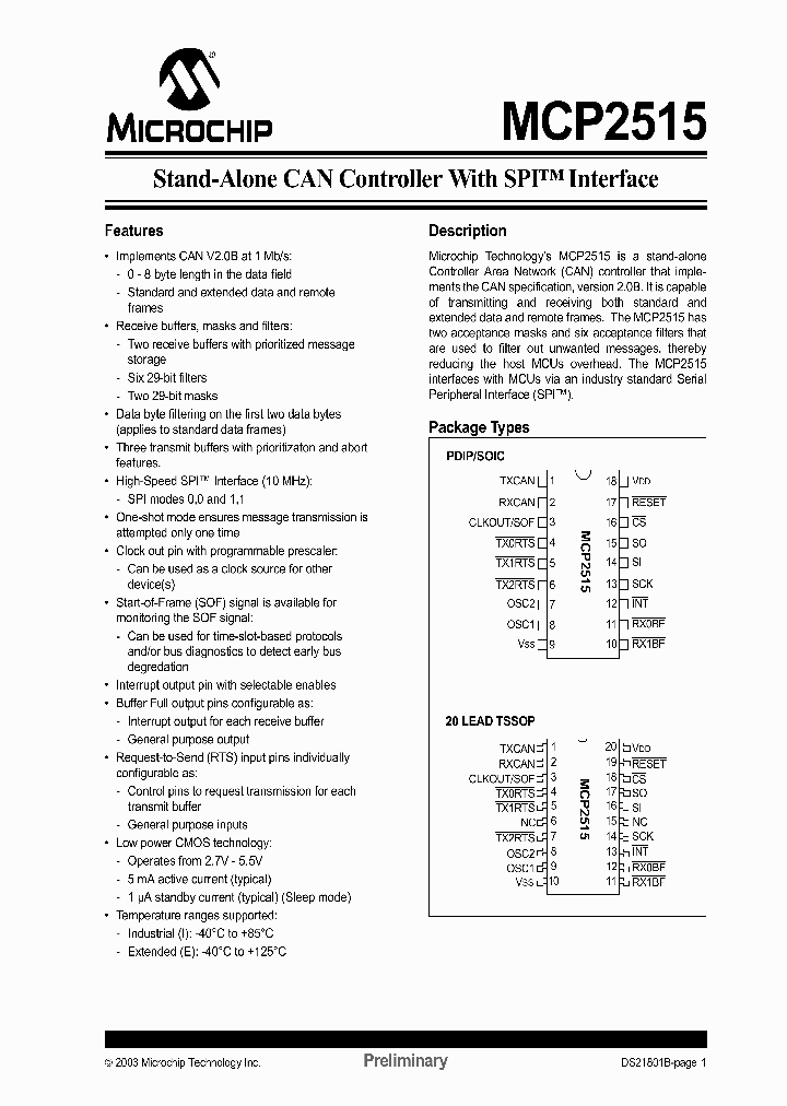 Mcp2515 Datasheet