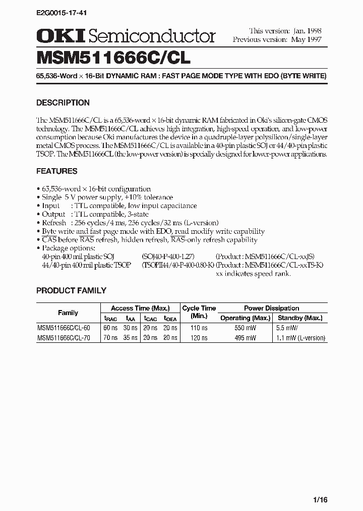 MSM511666CL_199284.PDF Datasheet