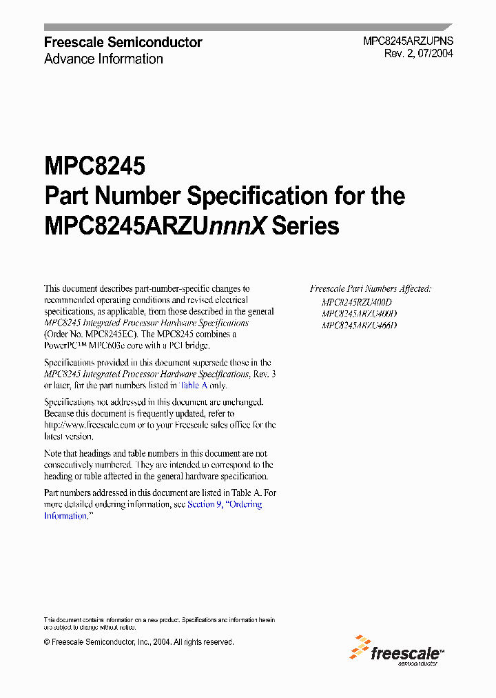 MPC8245_187868.PDF Datasheet