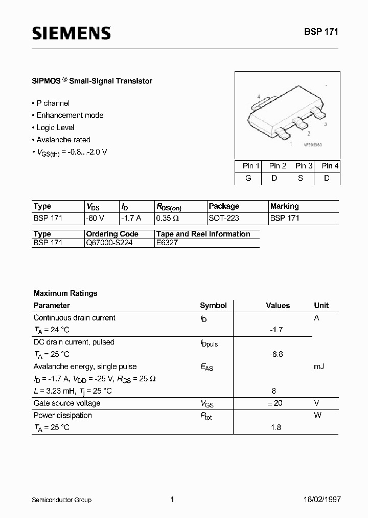BSP171_45308.PDF Datasheet Download --- IC-ON-LINE