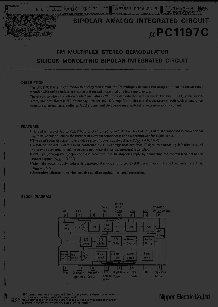 Circuit Intégré NEC UPC1197C Original, 16 Broches (DIP), 1 Pièce Neuve - Fabriqué Au Japon