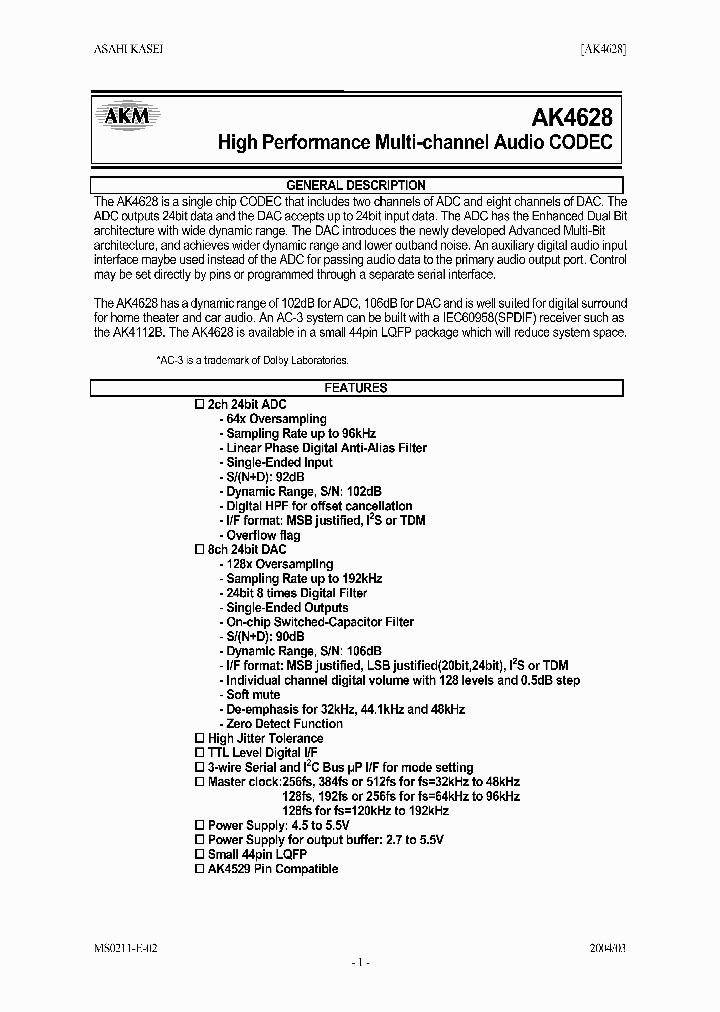 AK4628_485885.PDF Datasheet Download --- IC-ON-LINE