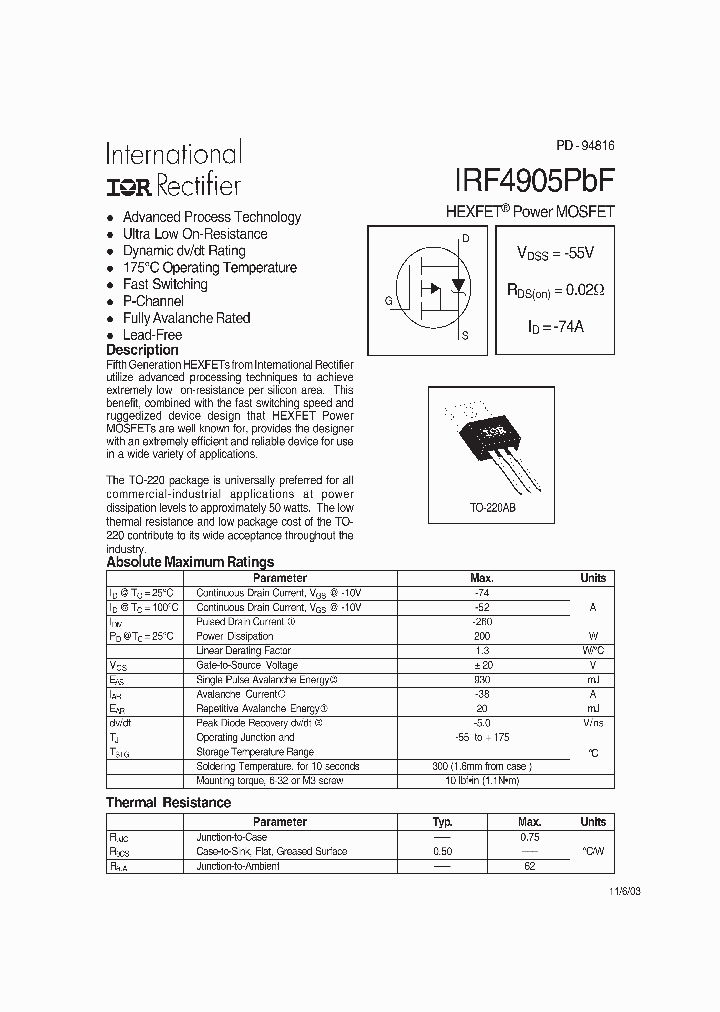 IRF4B905PBF_505911.PDF Datasheet Download --- IC-ON-LINE