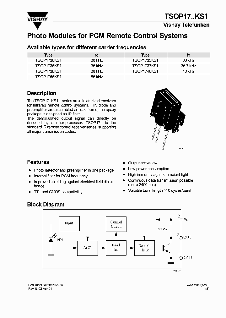 TSOP1756KS1_488519.PDF Datasheet Download --- IC-ON-LINE