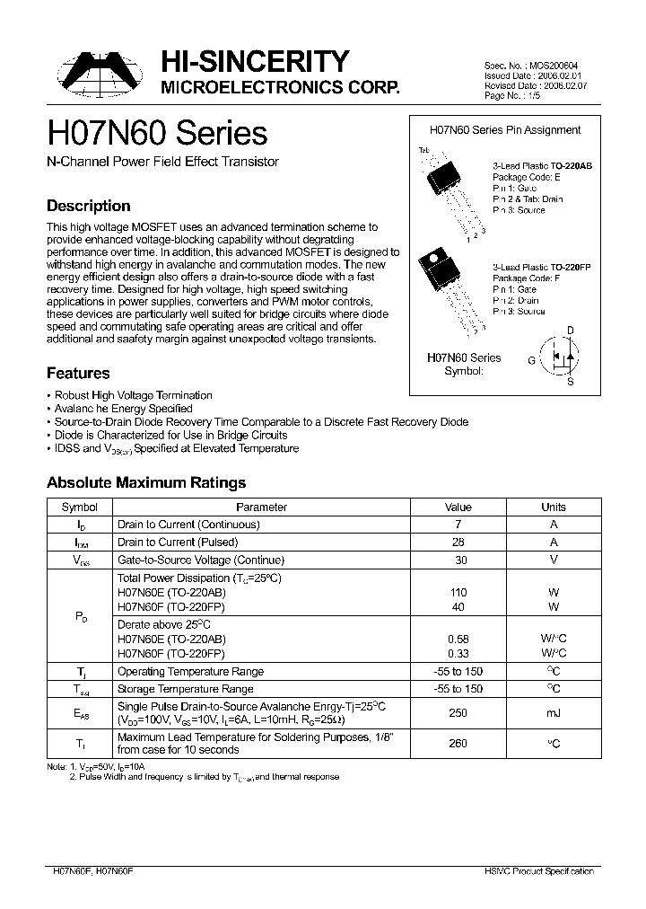 H07N60_618625.PDF Datasheet