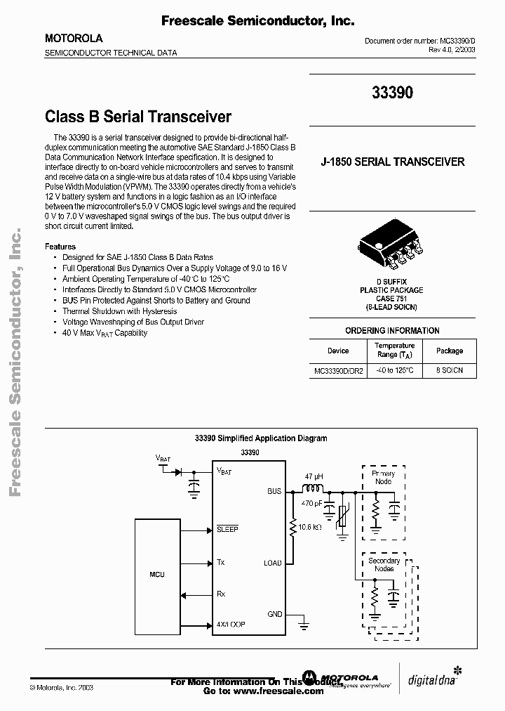 ON/MOT MC33390DR2 SOP-8 Class B Serial Transceiver