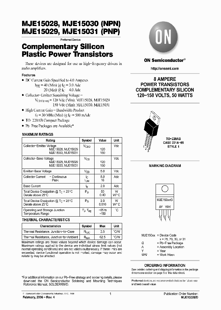 MJE15028G_568679.PDF Datasheet Download --- IC-ON-LINE