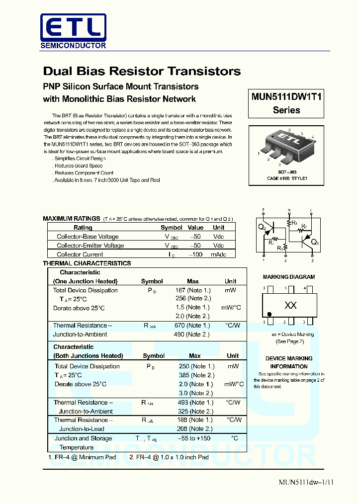 MUN5111DW1T1_580042.PDF Datasheet Download --- IC-ON-LINE