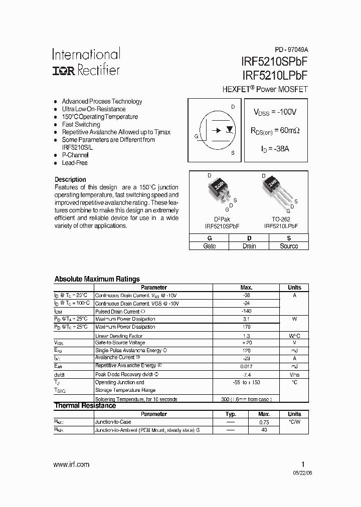 IRF5210SPBF_709773.PDF Datasheet