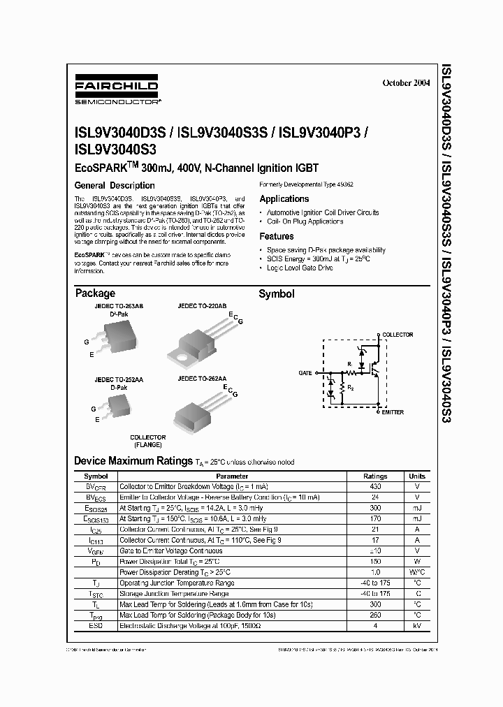 ISL9V3040D3S04_703896.PDF Datasheet Download --- IC-ON-LINE