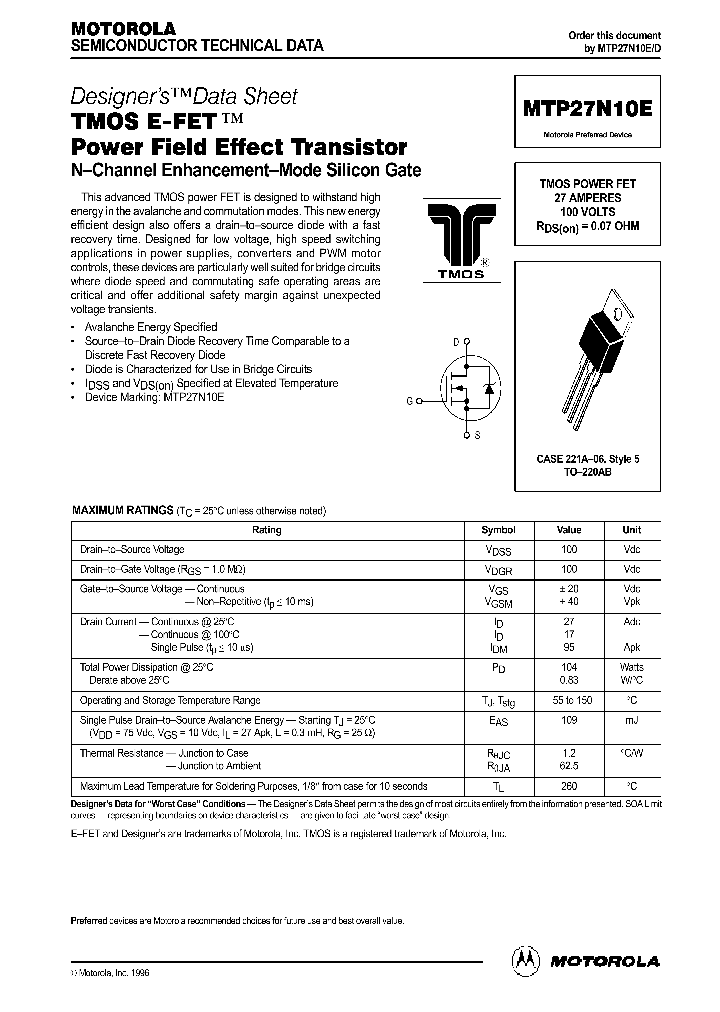 MTP27N10E_938845.PDF Datasheet