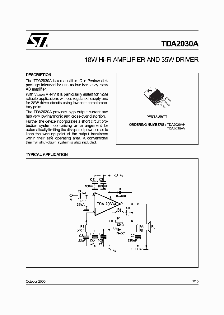 TDA2030AV_939920.PDF Datasheet Download --- IC-ON-LINE