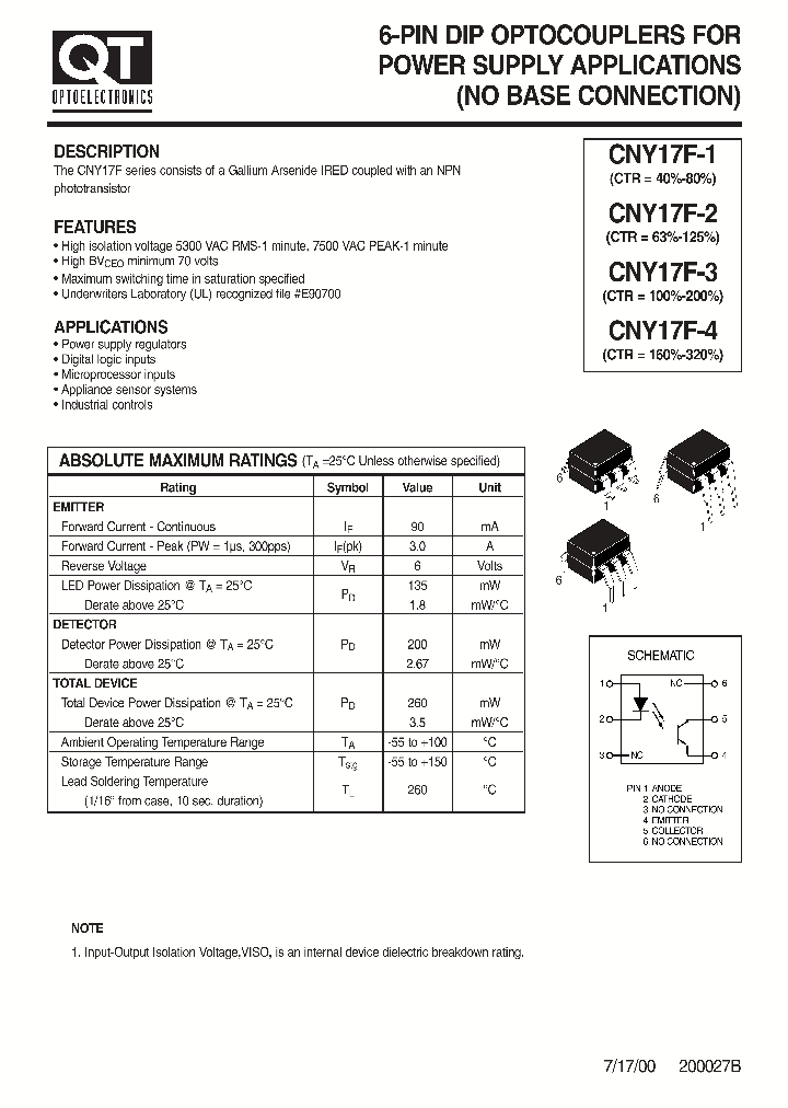 CNY17F-2_1139627.PDF Datasheet Download --- IC-ON-LINE