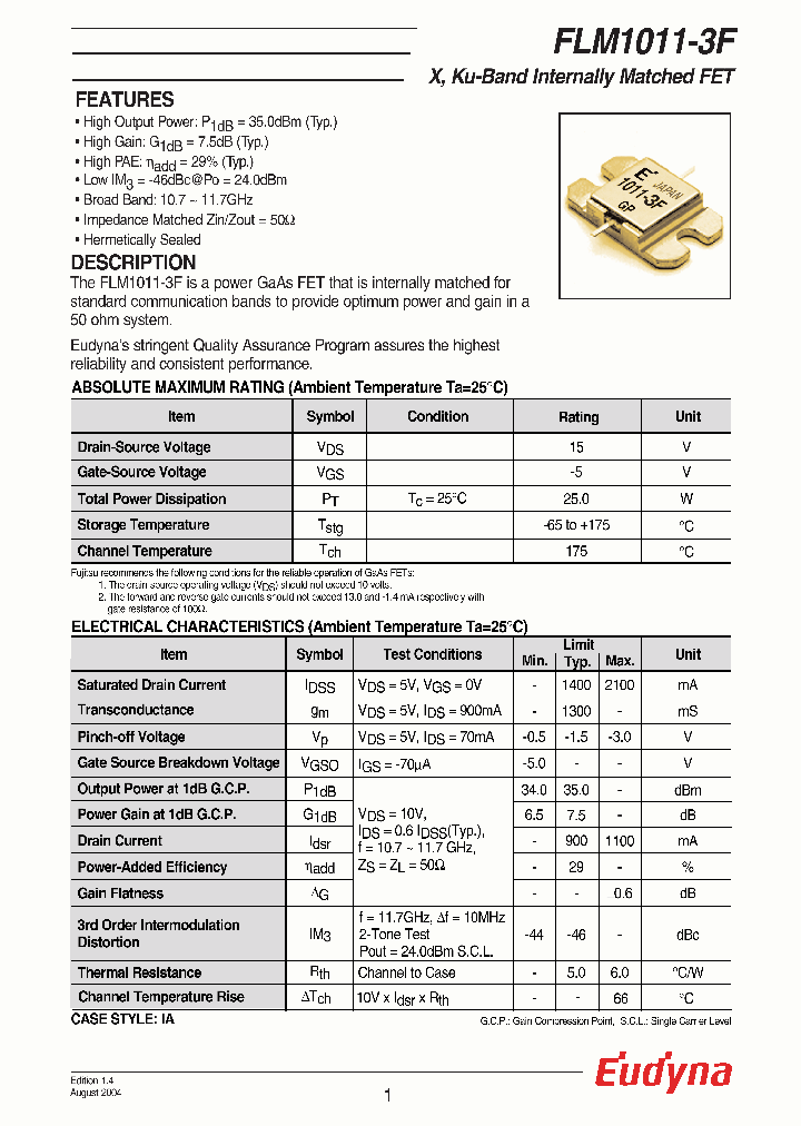 Transistor FET FLM1011-8F (TIM1011-8) - Puissance X/Ku-Band, 10.7 GHz, Neuf