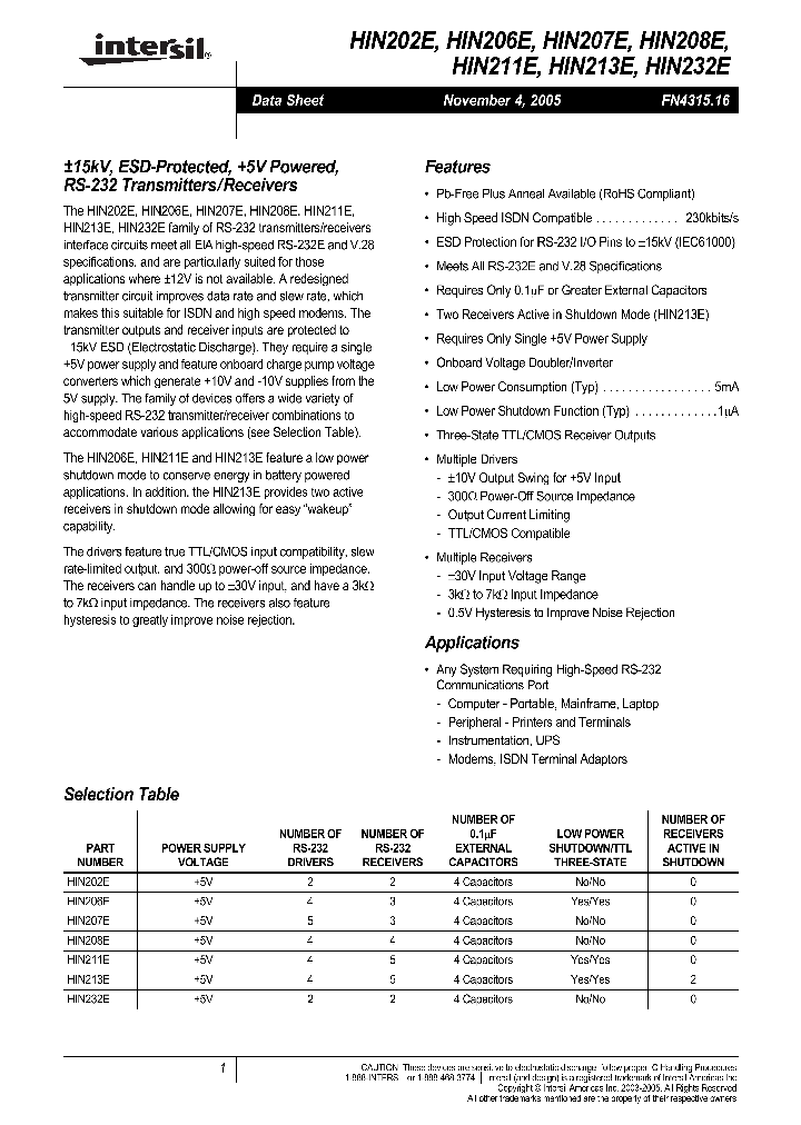 HIN232E_1249915.PDF Datasheet Download