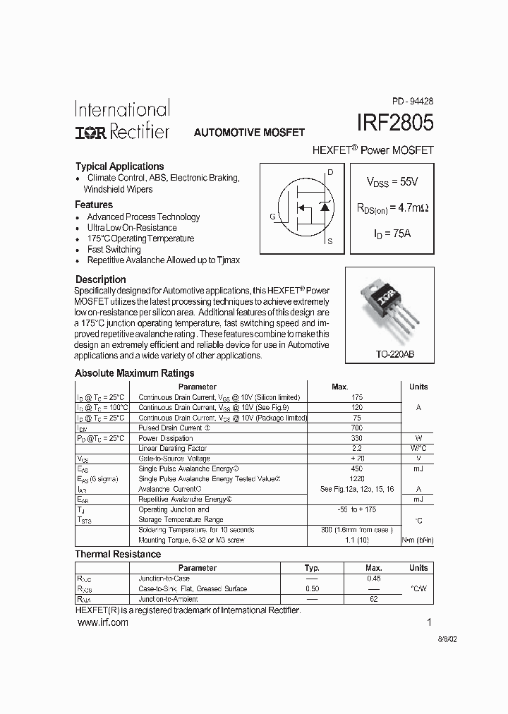 IRF2805_1255340.PDF Datasheet Download --- IC-ON-LINE