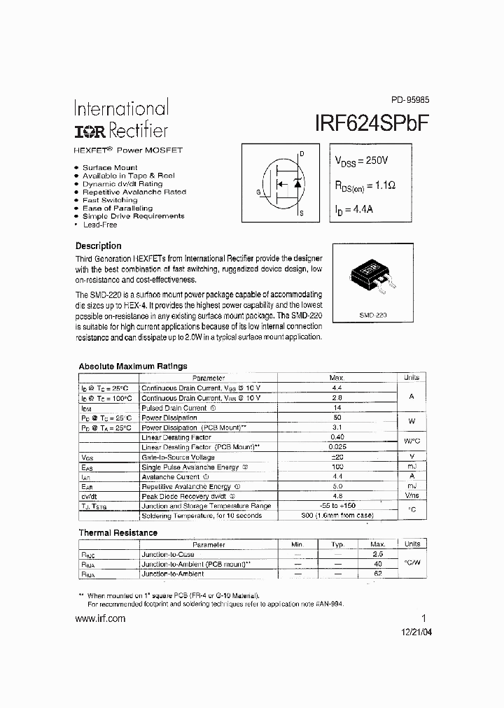 IRF624SPBF_1120370.PDF Datasheet Download --- IC-ON-LINE