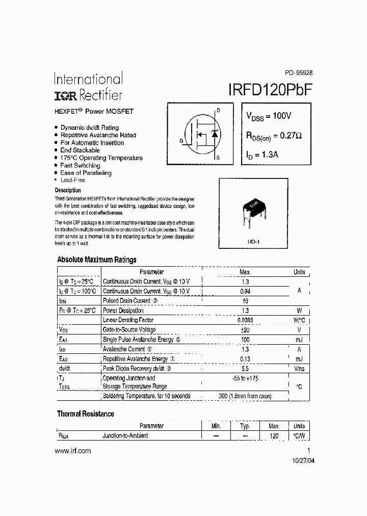 IRFD120PBF_1255806.PDF Datasheet Download --- IC-ON-LINE
