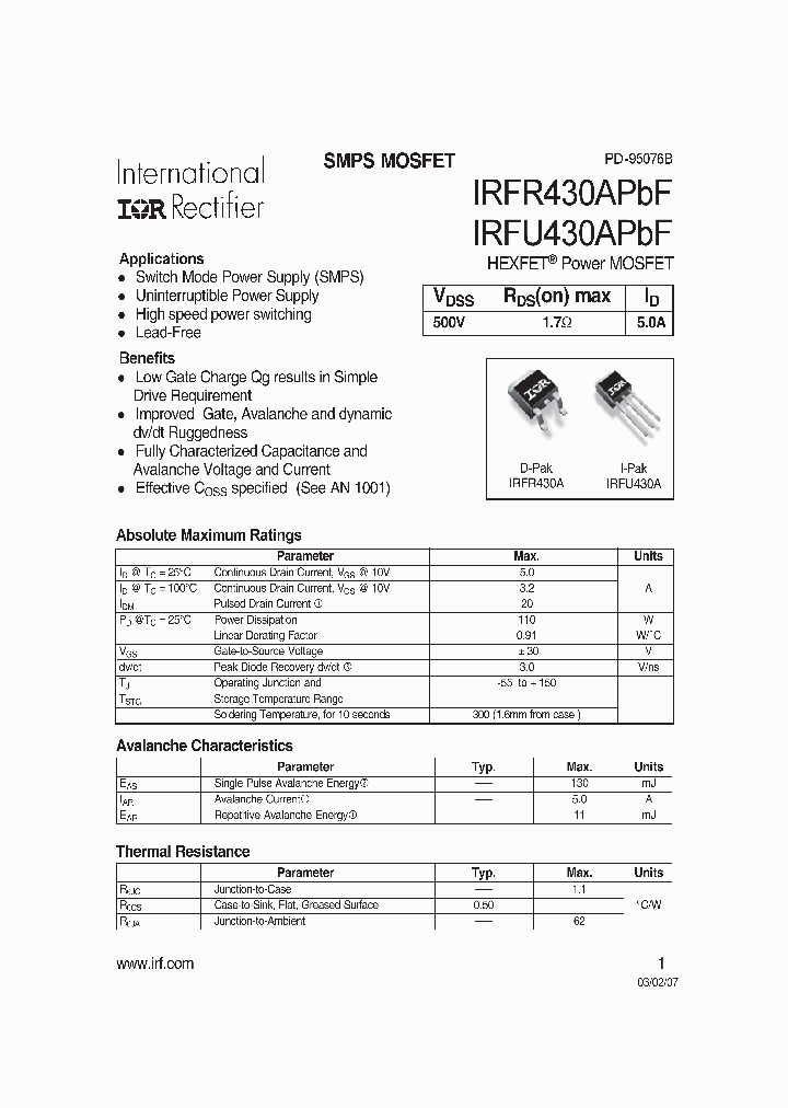 IRFR430APBF_602578.PDF Datasheet