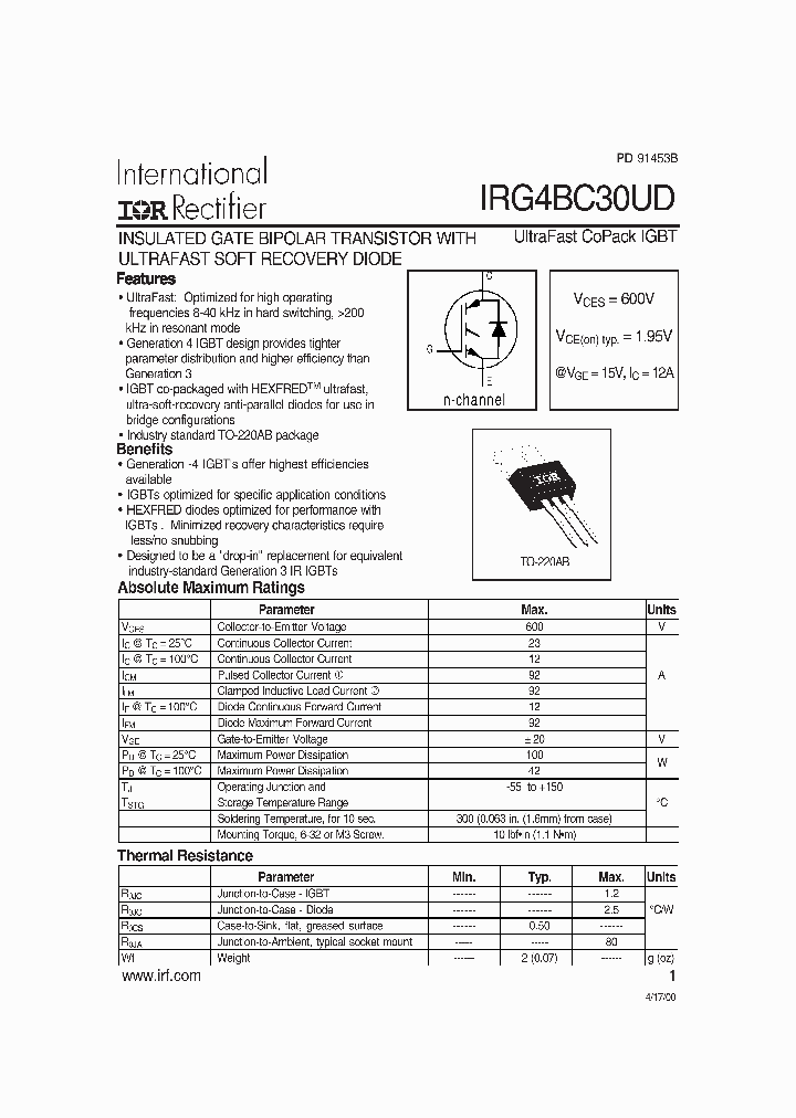IGBT IRG4BC30UD Con FRED – 600V 23A 100W, 5 Pezzi, Nuovo, Per Elettronica Di Potenza E Inverter