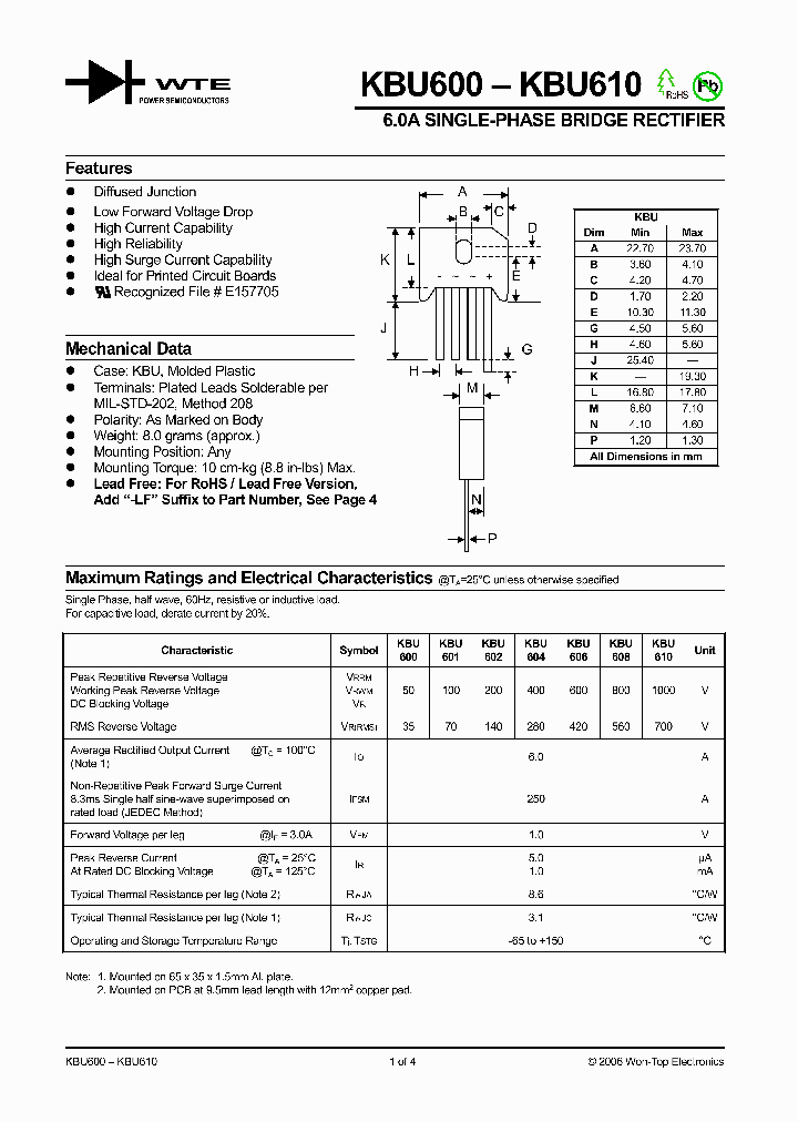 KBU610_1260021.PDF Datasheet Download --- IC-ON-LINE