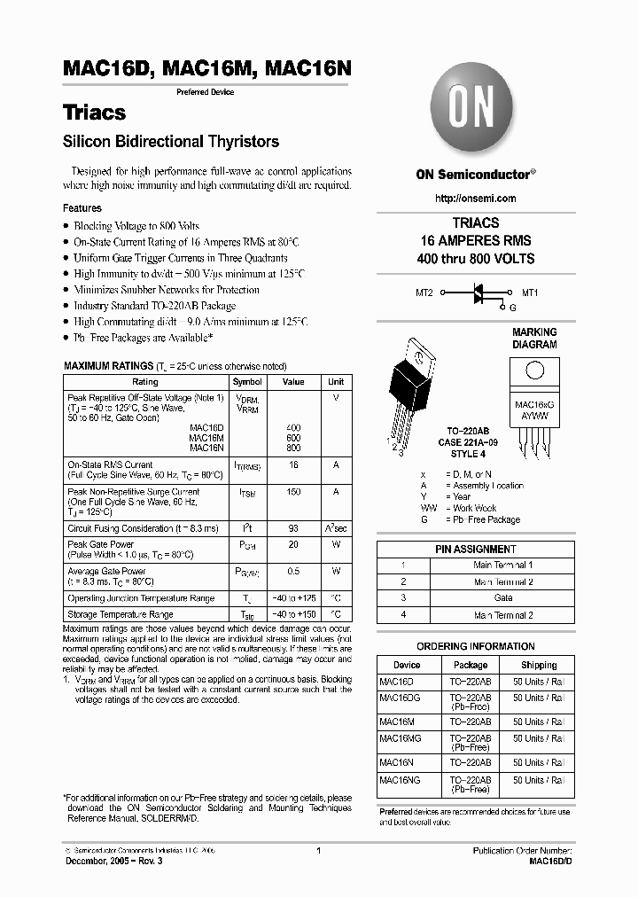 MAC16NG_1271779.PDF Datasheet Download --- IC-ON-LINE