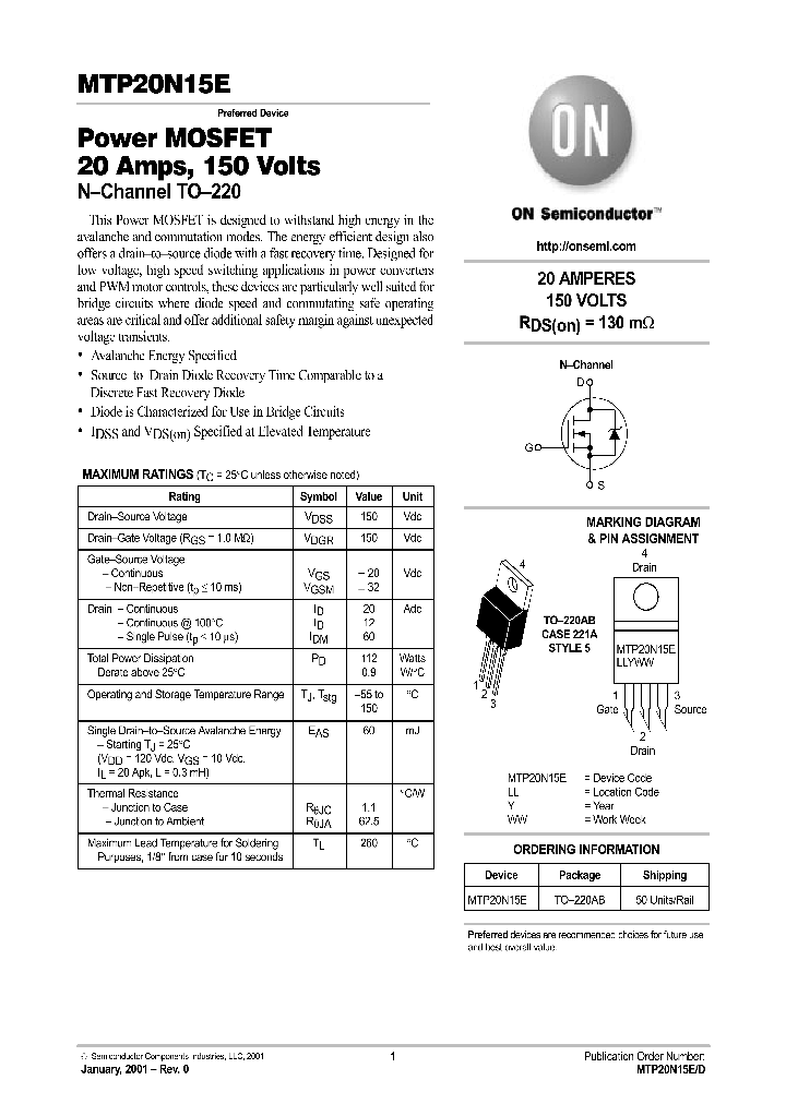 5 Pezzi MTP20N15E Power MOSFET 20A 150V TO-220 - MTX-IC Nuovo - Foto 2