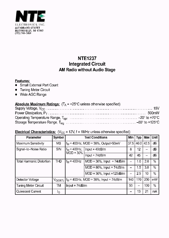 NTE1237_1290046.PDF Datasheet Download --- IC-ON-LINE