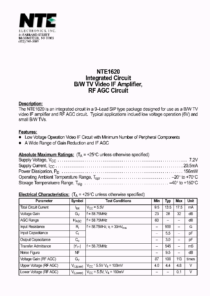 NTE1620_1290216.PDF Datasheet Download --- IC-ON-LINE