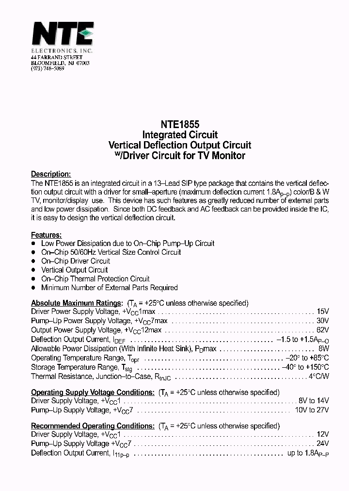 NTE1855_1290370.PDF Datasheet Download --- IC-ON-LINE