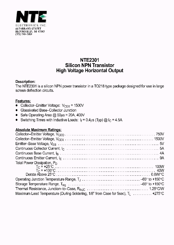 NTE2301_1290504.PDF Datasheet Download --- IC-ON-LINE