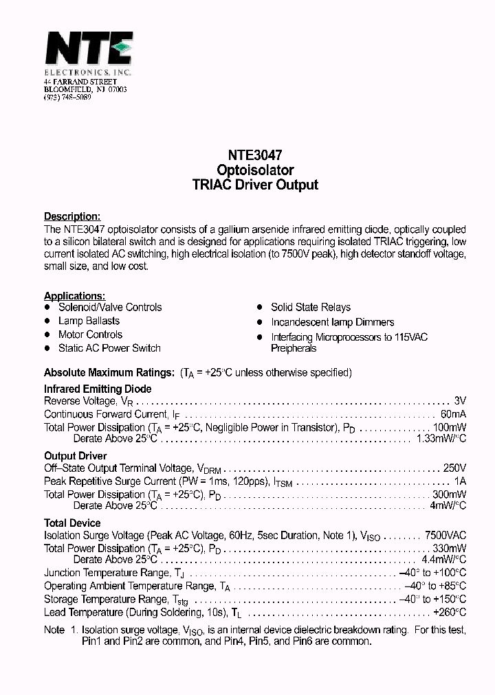 NTE3047_1142870.PDF Datasheet Download