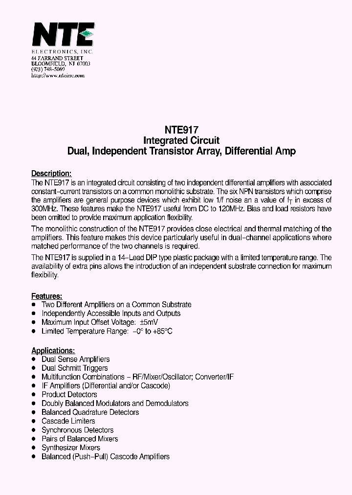 NTE917_1291380.PDF Datasheet