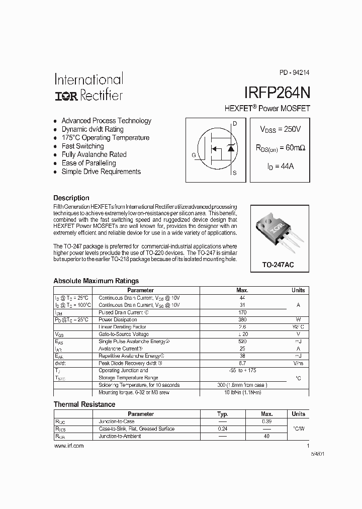 10 Pezzi IRFP264 MOSFET Canale N TO-247 - Alimentazione, Nuovi, Marca Smw